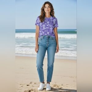 BLAIR Purple/White Palm Leaf Print Cotton Blend Short Sleeve Shirt Size Medium